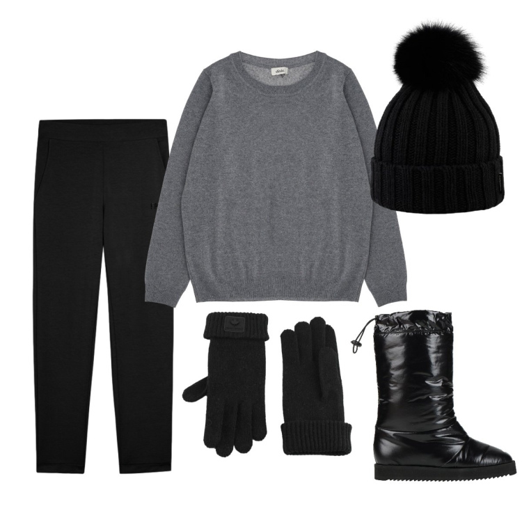Outfit donna - A Cortina. Stile Sporty chic per Tutti i giorni. Abbinamento con stivali da neve, pullovers, pantaloni sportivi, guanti, berretti.