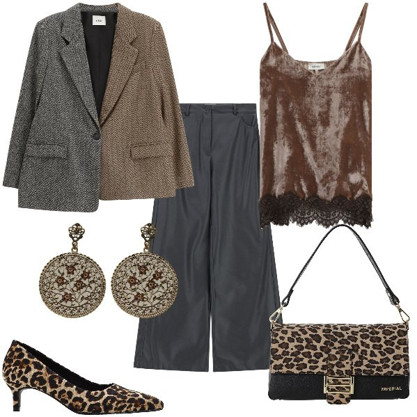 Outfit donna - Total look #2333615. Stile Trendy per Serata fuori. Abbinamento con décolleté, borse a spalla, blazer, top, orecchini, pantaloni a palazzo.