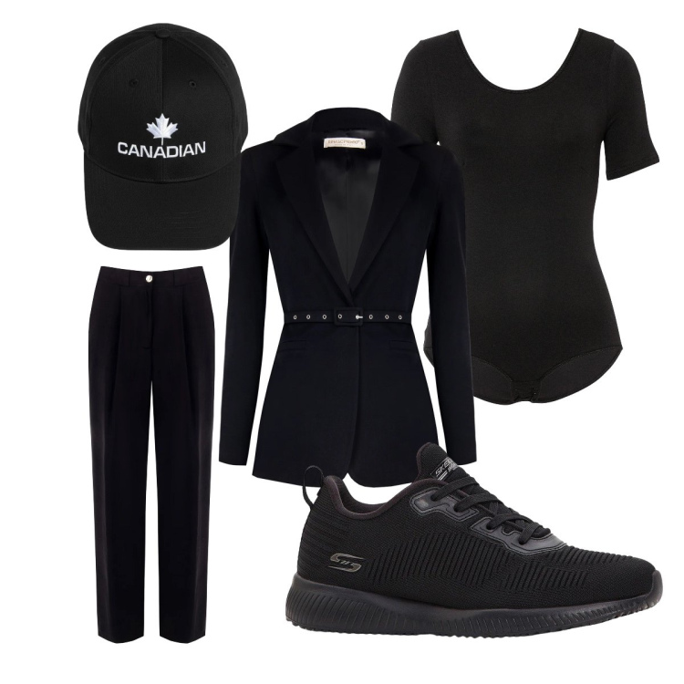 Outfit donna - In nero in ufficio a febbraio. Stile Sporty chic per Ufficio. Abbinamento con body, sneakers, blazer, pantaloni, berretti.