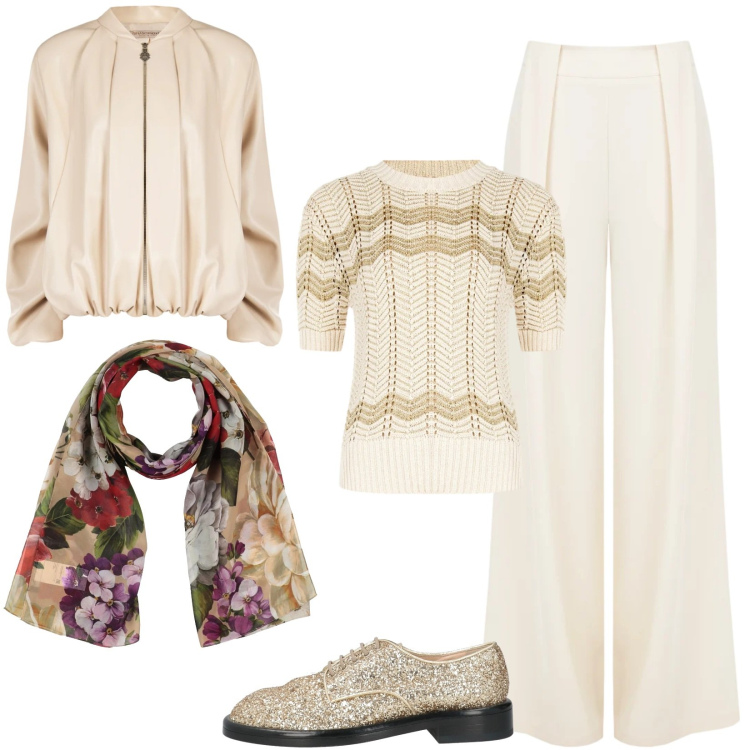 Outfit donna - Il fascino dei dettagli: scarpe glitter. Stile Casual chic per Serata fuori. Abbinamento con sciarpe, scarpe stringate, pantaloni a palazzo, t-shirt, bomber.