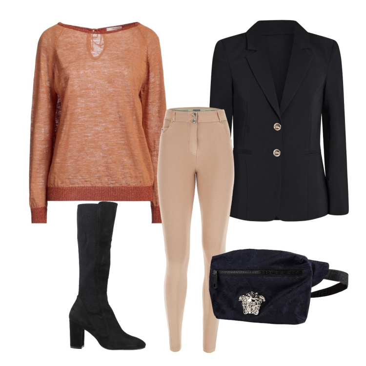 Outfit donna - Cena di lavoro. Stile Casual chic per Serata fuori. Abbinamento con marsupi, stivali, pullovers, blazer, pantaloni skinny.