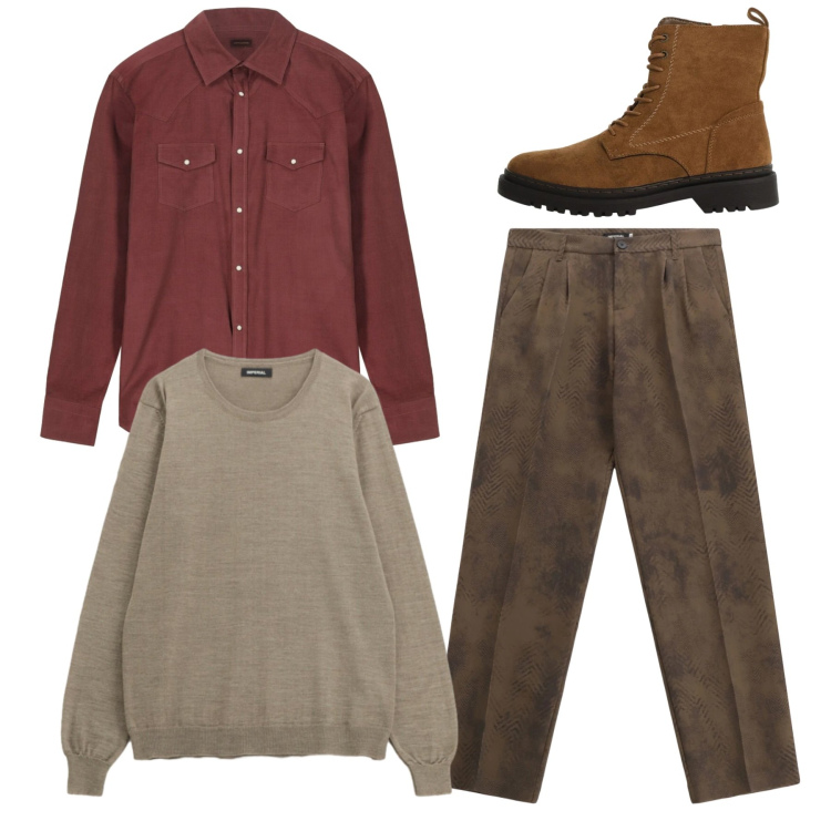 Outfit uomo - Ruggine. Stile Casual per Tutti i giorni. Abbinamento con pantaloni, maglieria, anfibi, camicie.