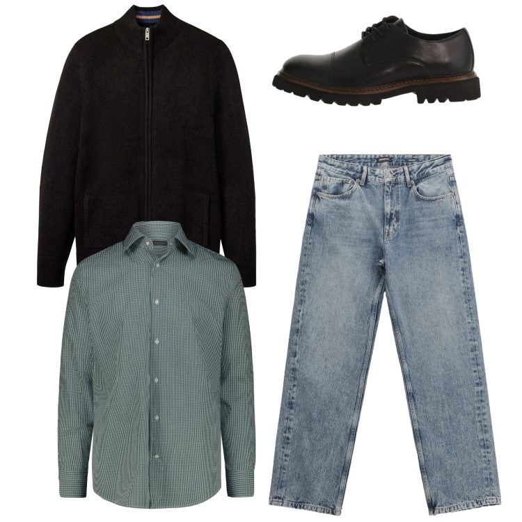 Outfit uomo - Cardigan e stringate. Stile Casual per Serata speciale. Abbinamento con cardigans, jeans dritti, scarpe stringate, camicie.