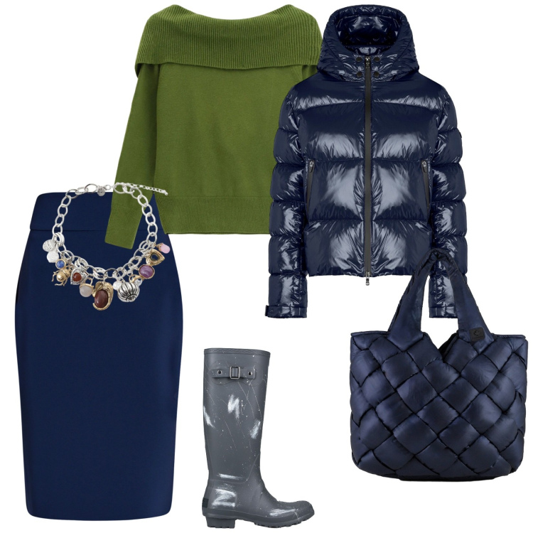 Outfit donna - Tanta pioggia. per Tutti i giorni. Abbinamento con stivali di gomma, braccialetti con ciondoli, maglieria, gonne longuette, borse tote, piumini.