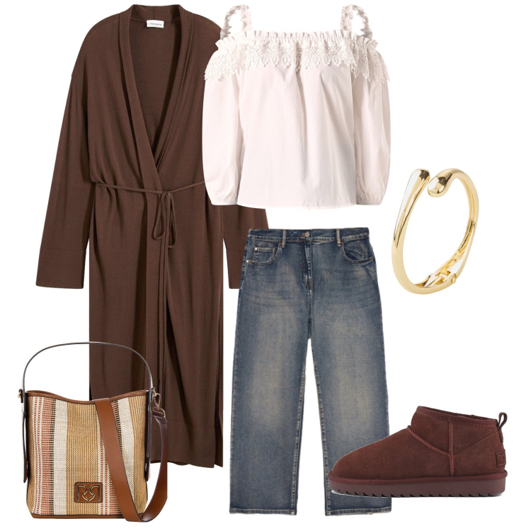 Outfit donna - Comfort & Stile Naturale. Stile Boho per Tutti i giorni. Abbinamento con cappotti, braccialetti, borse a secchiello, bluse, stivali, jeans.
