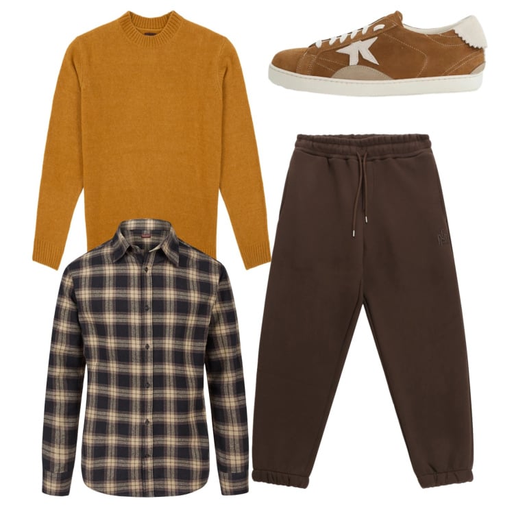 Outfit uomo - Tonalità calde. Stile Casual per Tutti i giorni. Abbinamento con pantaloni, sneakers, maglieria, camicie.