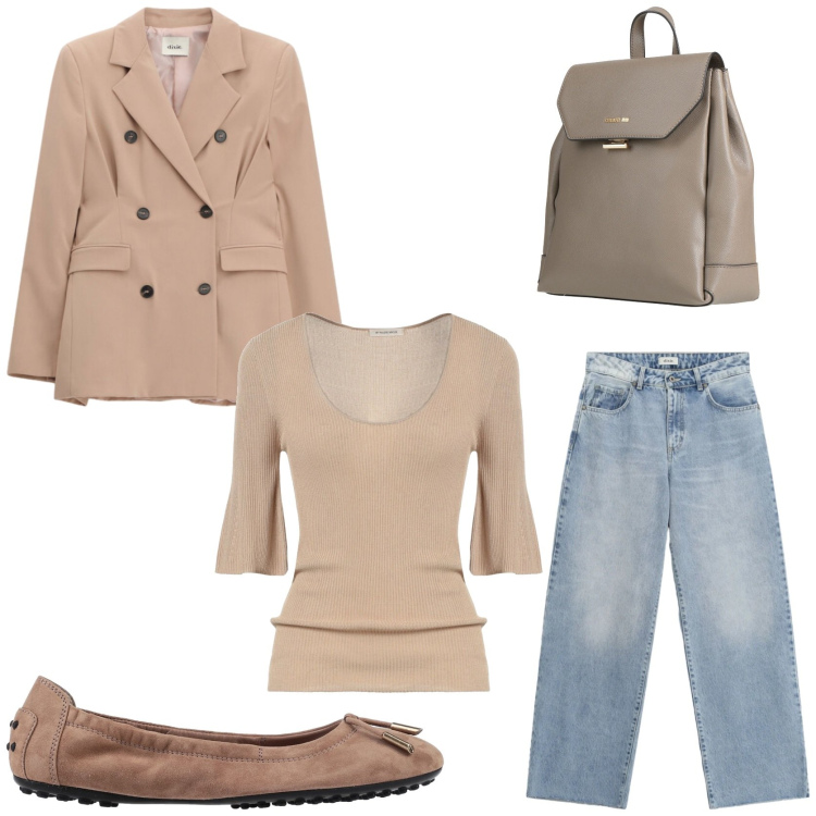 Outfit donna - Ballerine di camoscio. Stile Chic per Tutti i giorni. Abbinamento con pullovers, zaini, ballerine, jeans dritti, blazer.