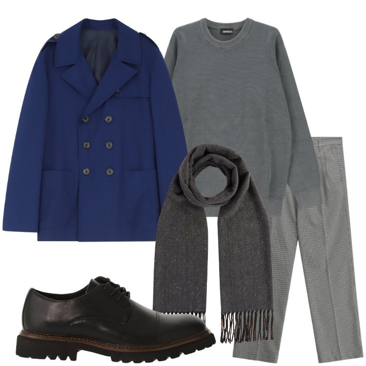 Outfit uomo - Look da rientro in ufficio. Stile Business/Elegante per Ufficio. Abbinamento con pantaloni, caban, pullovers, scarpe stringate, sciarpe.
