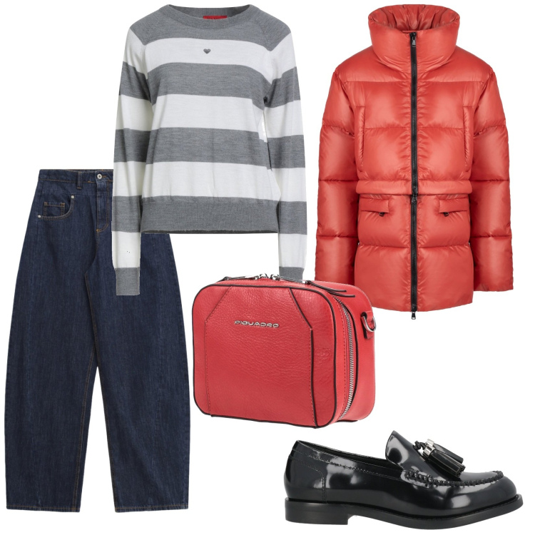 Outfit donna - Febbraio a colori. per Tutti i giorni. Abbinamento con pullovers, marsupi, mocassini, jeans, piumini.