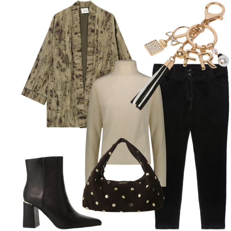 Outfit donna - Total look #2333644. Stile Chic per Tutti i giorni. Abbinamento con borse a spalla, stivaletti, blazer, maglieria, portachiavi, pantaloni skinny.