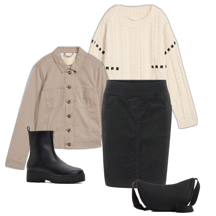 Outfit femme - Février. Style Basique pour Tous les jours. Assortir avec jupes longues, pulls, blazers, sacs en bandoulière, bottes.