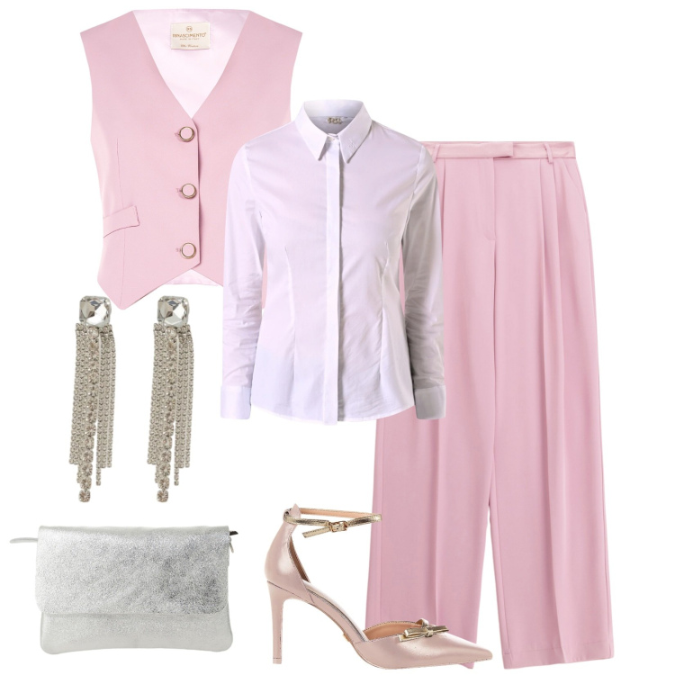 Outfit donna - Total look #2333652. Stile Bon Ton per Cerimonia. Abbinamento con pantaloni, orecchini, borse a spalla, camicie, décolleté, gilet.