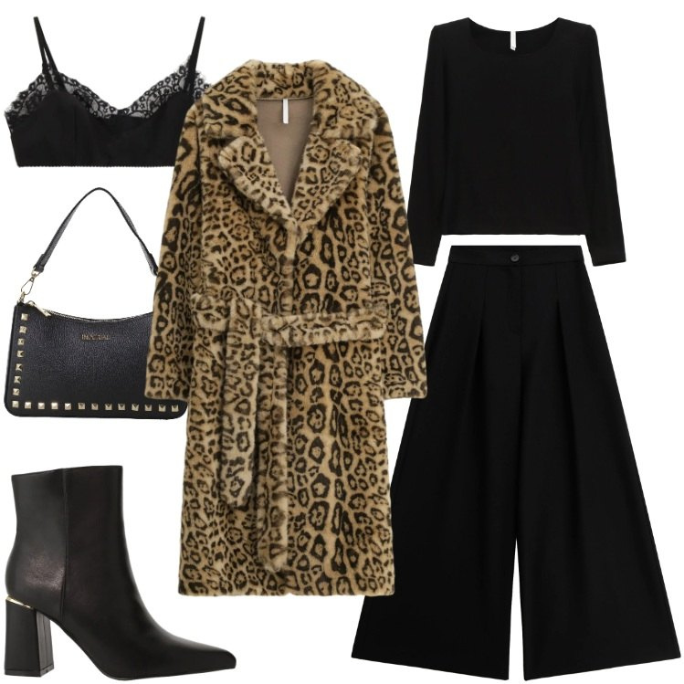 Outfit donna - Total Look Imperial. Stile Trendy per Serata fuori. Abbinamento con pochette, maglieria, bralette, cappotti, stivaletti, pantaloni a palazzo.