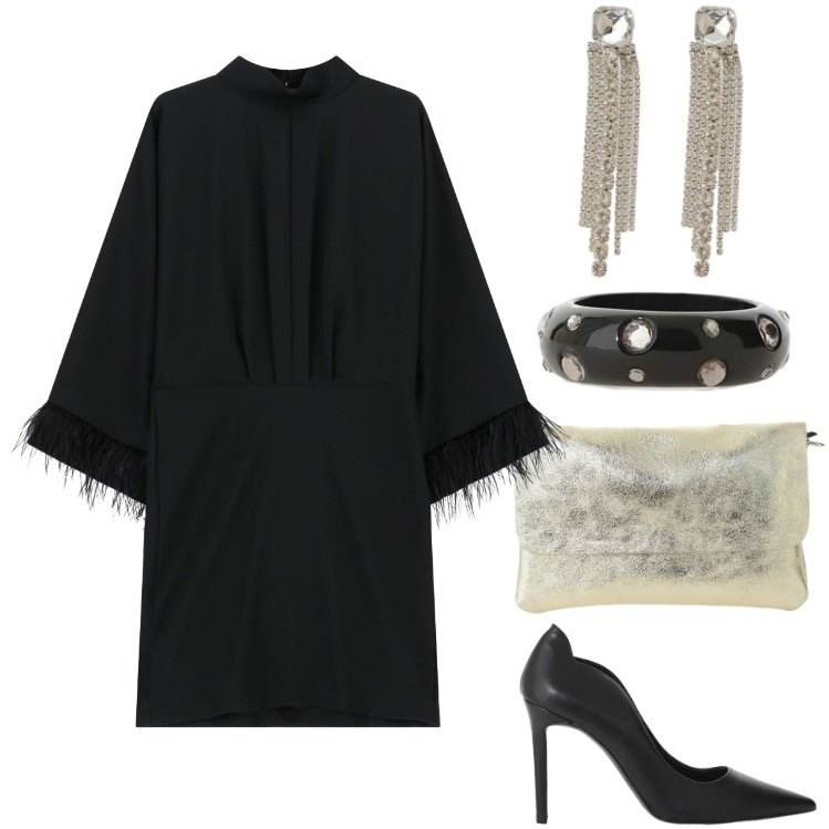 Outfit donna - Piume e brillanti con Dixie. Stile Trendy per Serata fuori. Abbinamento con orecchini, vestiti corti, décolleté, anelli, borse a spalla.