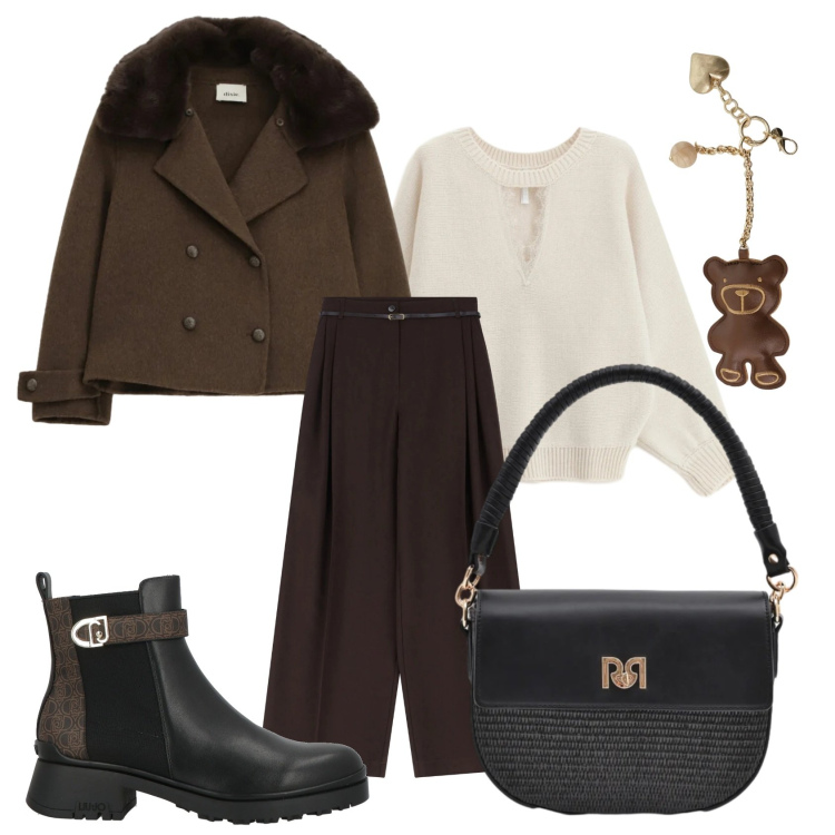 Outfit donna - tenero e morbido come un orsacchiotto. Stile Casual chic per Tutti i giorni. Abbinamento con stivaletti chelsea, pantaloni, maglieria, blazer, portachiavi, borse a spalla.