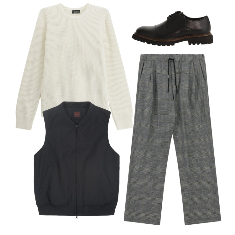 Outfit uomo - Total look. Stile Casual per Tutti i giorni. Abbinamento con maglieria, pantaloni, scarpe stringate, piumini.