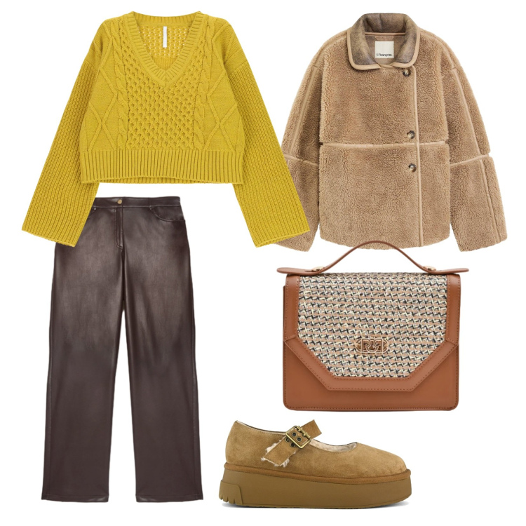 Outfit donna - Febbraio. per Tutti i giorni. Abbinamento con blazer, maglieria, pochette, pantaloni chino, décolleté.