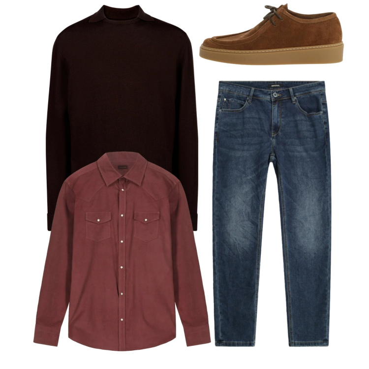 Outfit uomo - Total look. Stile Casual per Tutti i giorni. Abbinamento con scarpe stringate, jeans slim fit, maglieria, camicie.