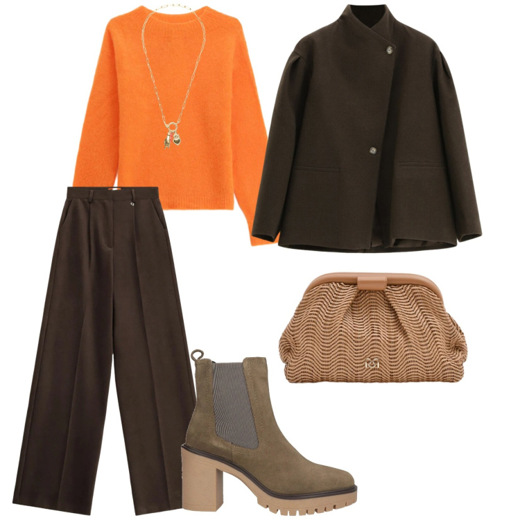 Outfit donna - Marrone e arancione. per Tutti i giorni. Abbinamento con stivaletti chelsea, blazer, pantaloni, maglieria, pochette, ciondoli.