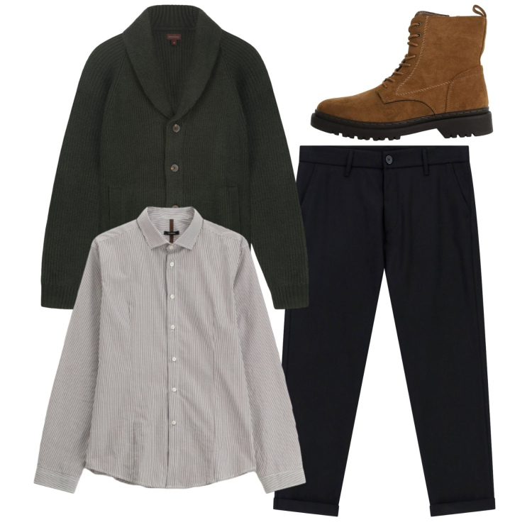Outfit uomo - Total look. Stile Casual per Tutti i giorni. Abbinamento con pantaloni, camicie, anfibi, cardigans.