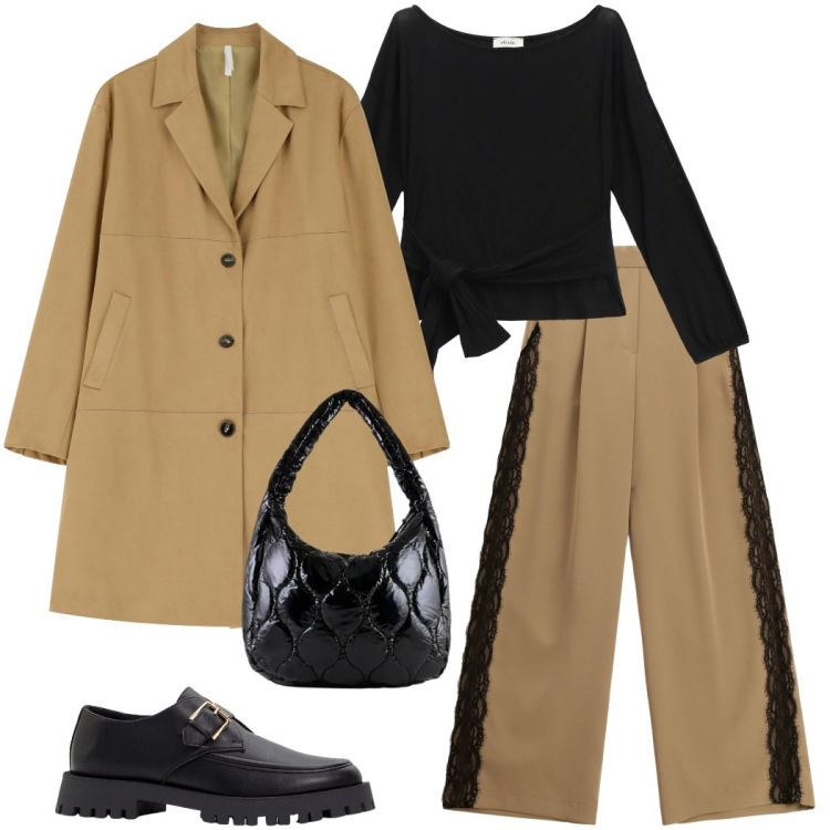 Outfit donna - Tessuti morbidi. Stile Urban per Tutti i giorni. Abbinamento con mocassini, cappotti, top, pantaloni a palazzo, borse tote.
