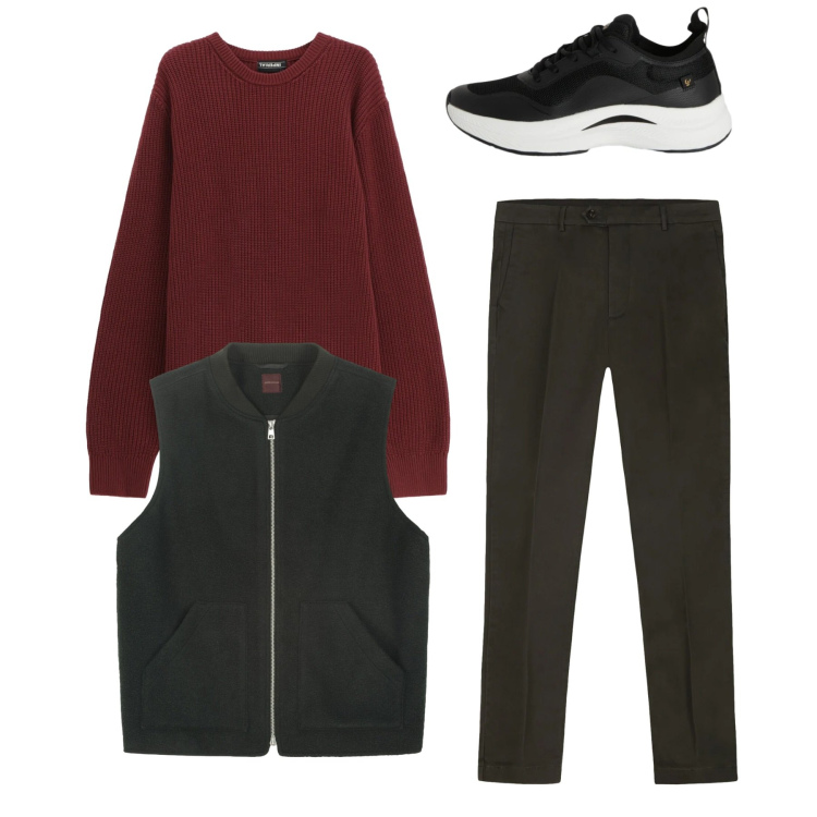 Outfit uomo - Total look. Stile Casual per Tutti i giorni. Abbinamento con maglieria, sneakers, piumini, pantaloni chino.