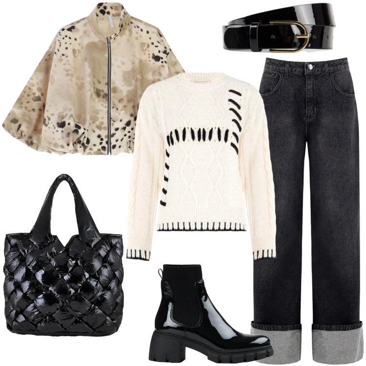 Outfit donna - Fascino dei dettagli: giacca animalier. Stile Casual per Tutti i giorni. Abbinamento con cinture, stivaletti, bomber, jeans, maglieria, borse tote.