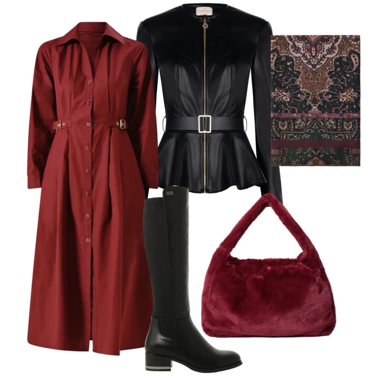 Outfit donna - Occasione s.valentino- curvy. Stile Casual chic per Tutti i giorni. Abbinamento con stivali sopra il ginocchio, foulard, vestiti chemisier, giacche, borse a spalla.