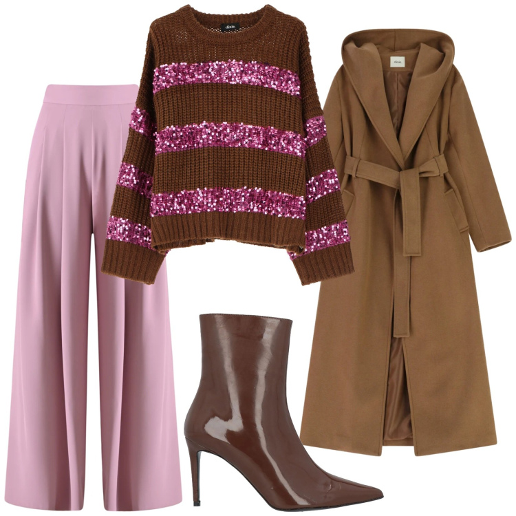 Outfit donna - Total look #2333689. Stile Trendy per Serata fuori. Abbinamento con stivaletti, maglieria, cappotti, pantaloni a palazzo.