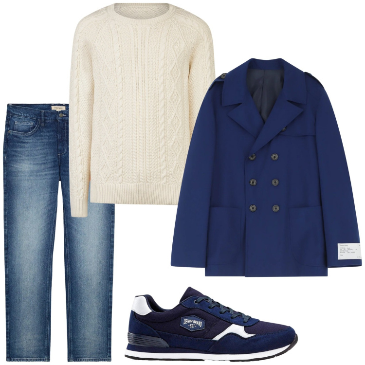 Outfit uomo - Total look #2333696. Stile Casual per Tutti i giorni. Abbinamento con sneakers, jeans dritti, caban, maglieria.