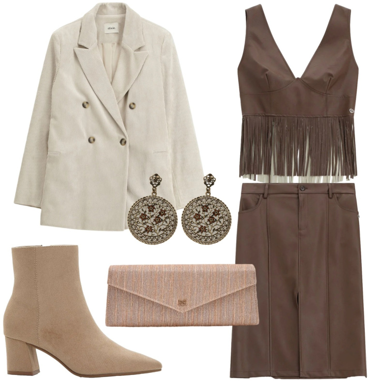 Outfit donna - Frange e blazer. Stile Basic per Tutti i giorni. Abbinamento con stivaletti, blazer, orecchini, pochette, top, gonne.