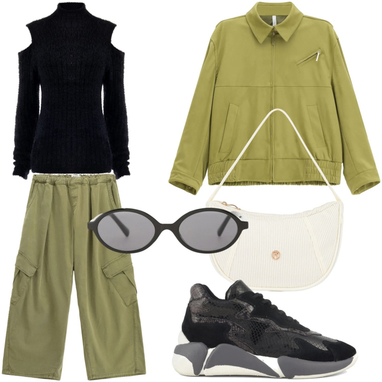 Outfit donna - Il verde lime energetico. Stile Casual per Tutti i giorni. Abbinamento con blazer, occhiali da sole, maglieria, pantaloni cargo, borse a mano, sneakers alte.