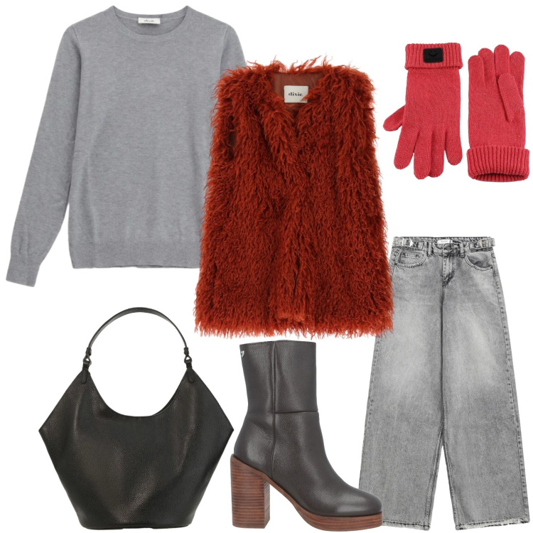 Outfit donna - Il gilet passpartout. Stile Casual chic per Tutti i giorni. Abbinamento con stivaletti, gilet, borse a spalla, maglieria, jeans, guanti.