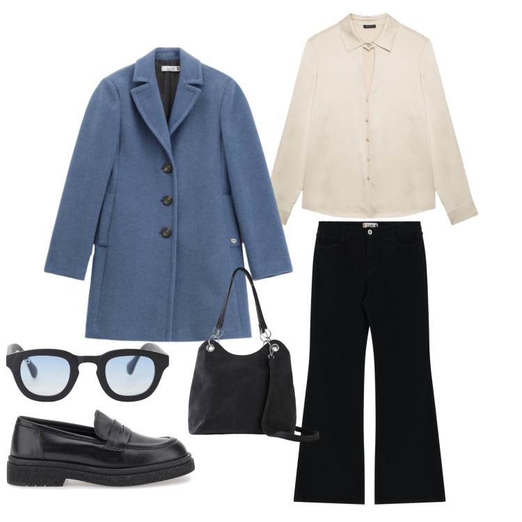 Outfit donna - Blue Horizon. Stile Urban per Tutti i giorni. Abbinamento con borse a mano, occhiali da sole, cappotti, pantaloni, mocassini, camicie.