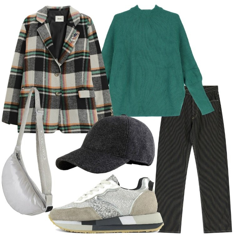Outfit donna - Presto che è tardi. Stile Urban per Scuola/Università. Abbinamento con cappelli con visiera, maglieria, blazer, pantaloni, borse a tracolla, sneakers.