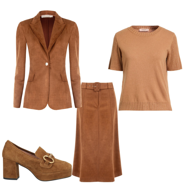 Outfit donna - Caramello. Stile Casual chic per Serata fuori. Abbinamento con mocassini, pullovers, gonne longuette, blazer.