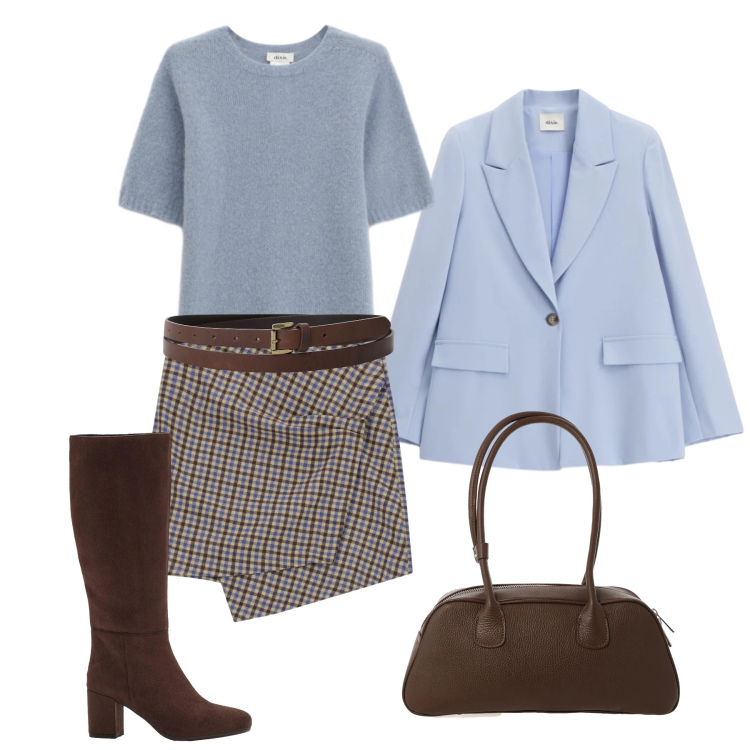 Outfit donna - Mini check asimmetrica. Stile Casual chic per Tutti i giorni. Abbinamento con stivali, minigonne, cinture, borse a mano, blazer, maglieria.