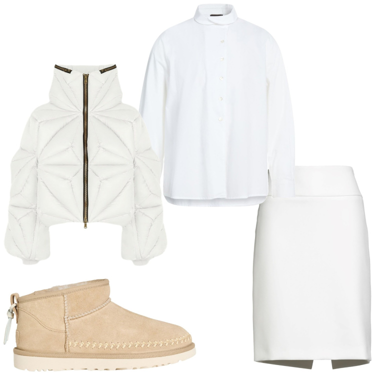 Outfit donna - Bianco su bianco. Stile Casual chic per Tutti i giorni. Abbinamento con minigonne, camicie, stivaletti, piumini.