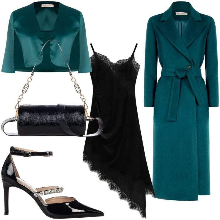 Outfit donna - Cena romantica. Stile Romantica per Serata fuori. Abbinamento con vestiti asimmetrici, borse a mano, cappotti, bolero, décolleté.