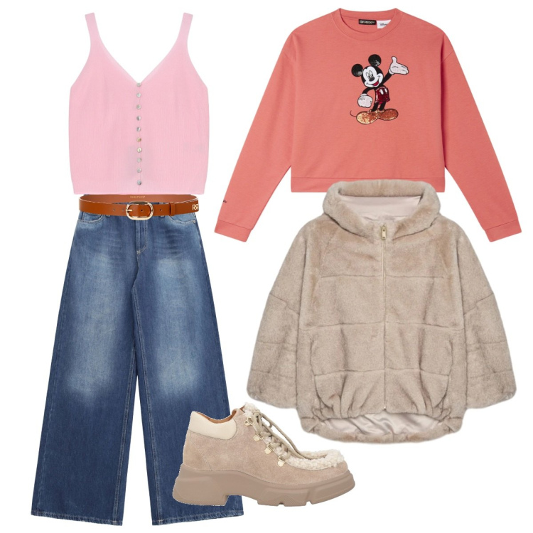 Outfit donna - Mikimouse-sportivo-pink&beige. Stile Sporty chic per Tutti i giorni. Abbinamento con stivaletti, top, cinture, jeans, felpe, ecopellicce.