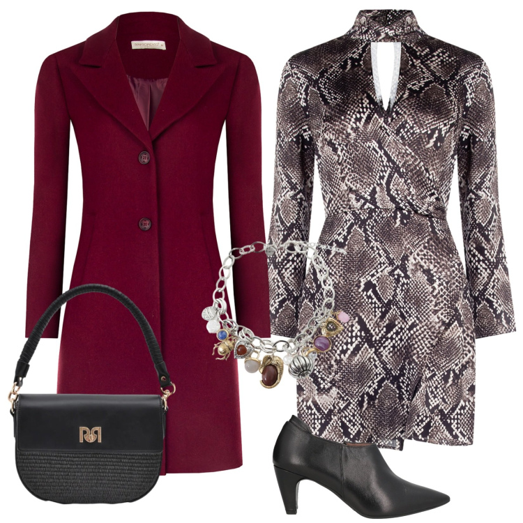 Outfit donna - Week end a Venezia. Stile Glamour per Serata fuori. Abbinamento con stivaletti, braccialetti con ciondoli, cappotti, vestiti corti, borse a spalla.