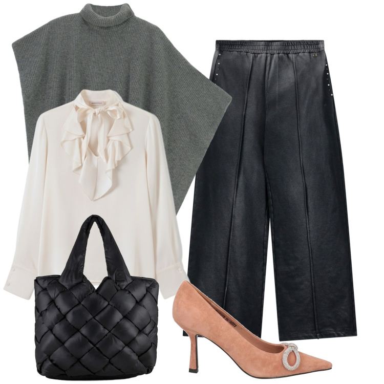 Outfit donna - Focus curvy style. Stile Casual chic per Tutti i giorni. Abbinamento con décolleté, pantaloni a palazzo, maglieria, bluse, borse tote.