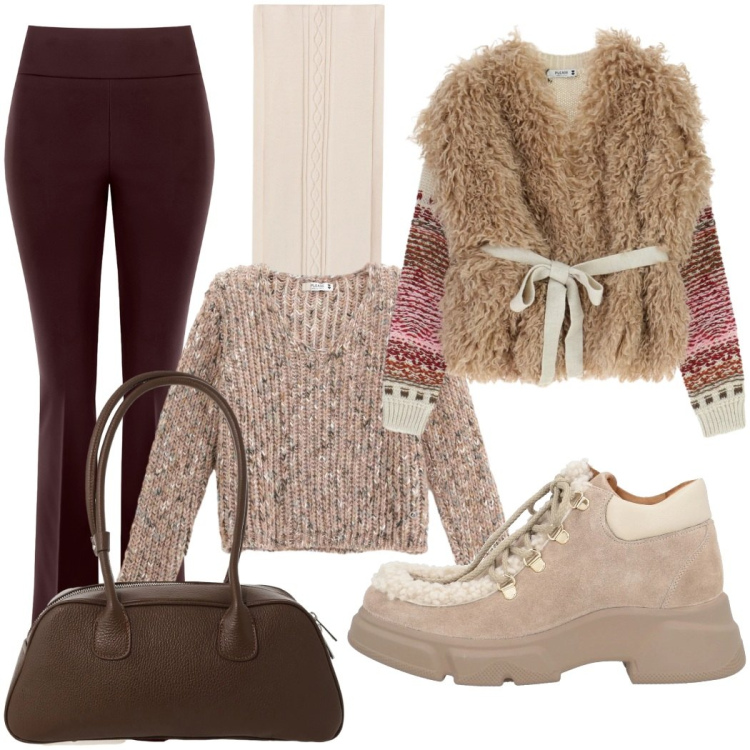 Outfit donna - Pronta per la spesa. Stile Casual chic per Tutti i giorni. Abbinamento con stivaletti, borse a mano, pantaloni, maglieria, maglieria, sciarpe.