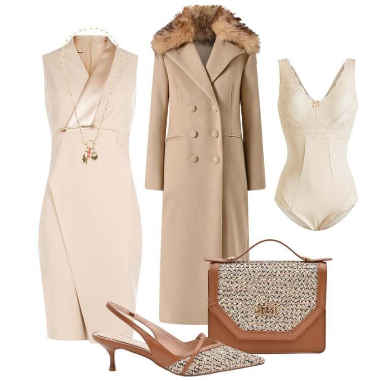 Outfit donna - San Valentino curvy mood. Stile Chic per Serata fuori. Abbinamento con body, cappotti, pochette, décolleté, vestiti asimmetrici, ciondoli.