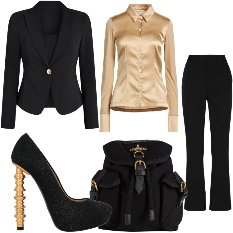 Outfit donna - Look per una serata. Stile Glamour per Serata fuori. Abbinamento con zaini, décolleté, pantaloni, camicie, blazer.