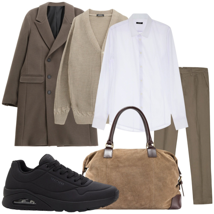 Outfit uomo - Casual per una partenza. Stile Casual per Tutti i giorni. Abbinamento con sneakers, camicie, cardigans, cappotti, pantaloni, borse sportive.