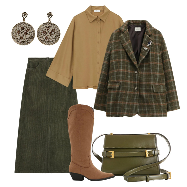 Outfit donna - Domenica disinvolta. Stile Trendy per Tutti i giorni. Abbinamento con borse a tracolla, stivali, gonne lunghe, orecchini, blazer, camicie.