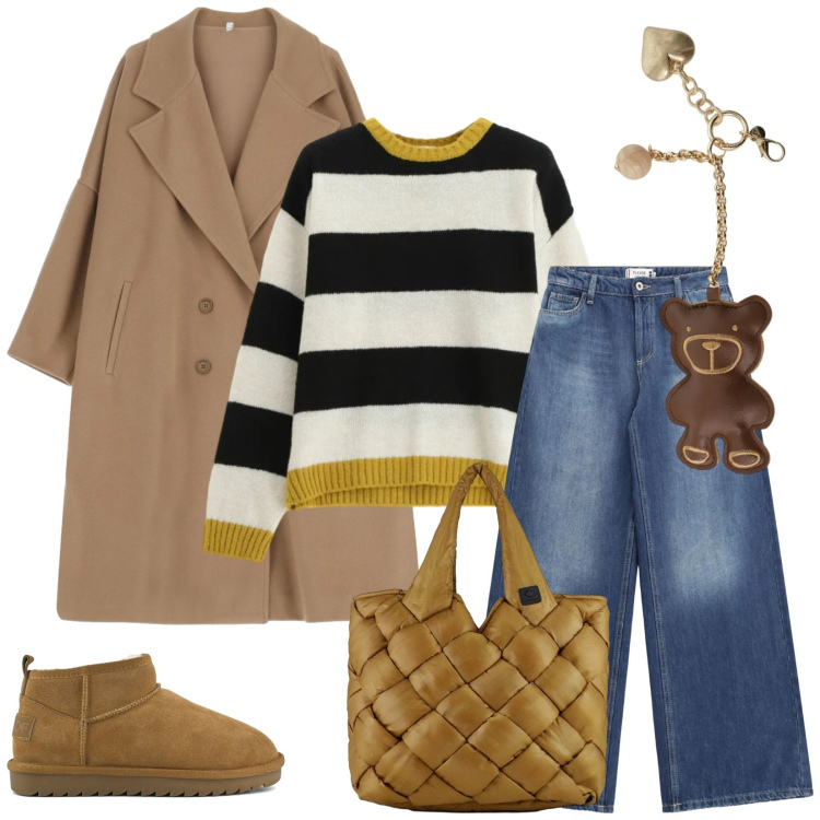 Outfit donna - Total look #2333784. Stile Casual chic per Tutti i giorni. Abbinamento con cappotti, maglieria, portachiavi, jeans, borse tote, stivali.