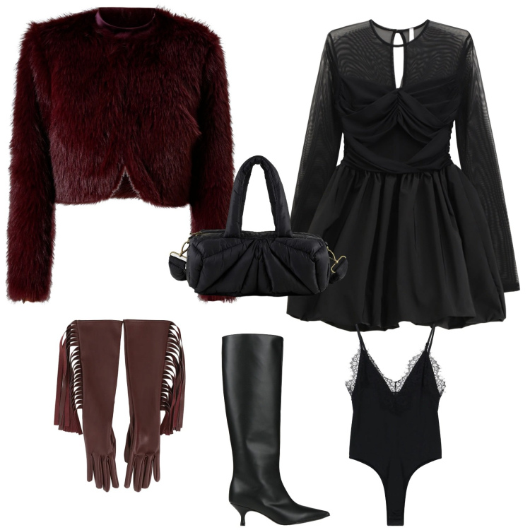 Outfit donna - Romantica serata evento speciale. Stile Romantica per Serata fuori. Abbinamento con stivali, vestiti corti, body, guanti, blazer, borse a mano.