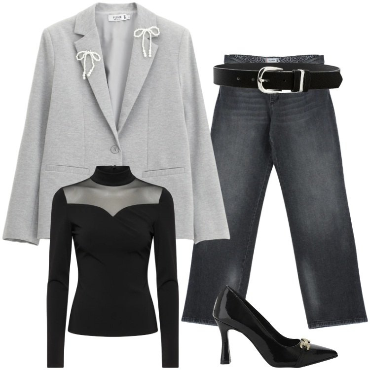 Outfit donna - Total look #2333794. Stile Sporty chic per Serata fuori. Abbinamento con cinture, décolleté, bluse, blazer, jeans.